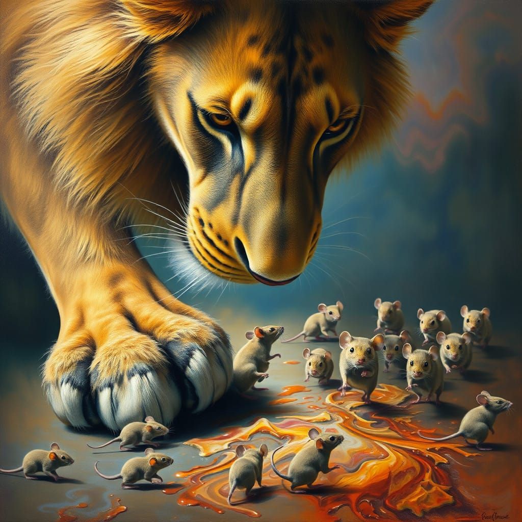 Surreal Lion Ambush in a Dreamlike Oil Landscape