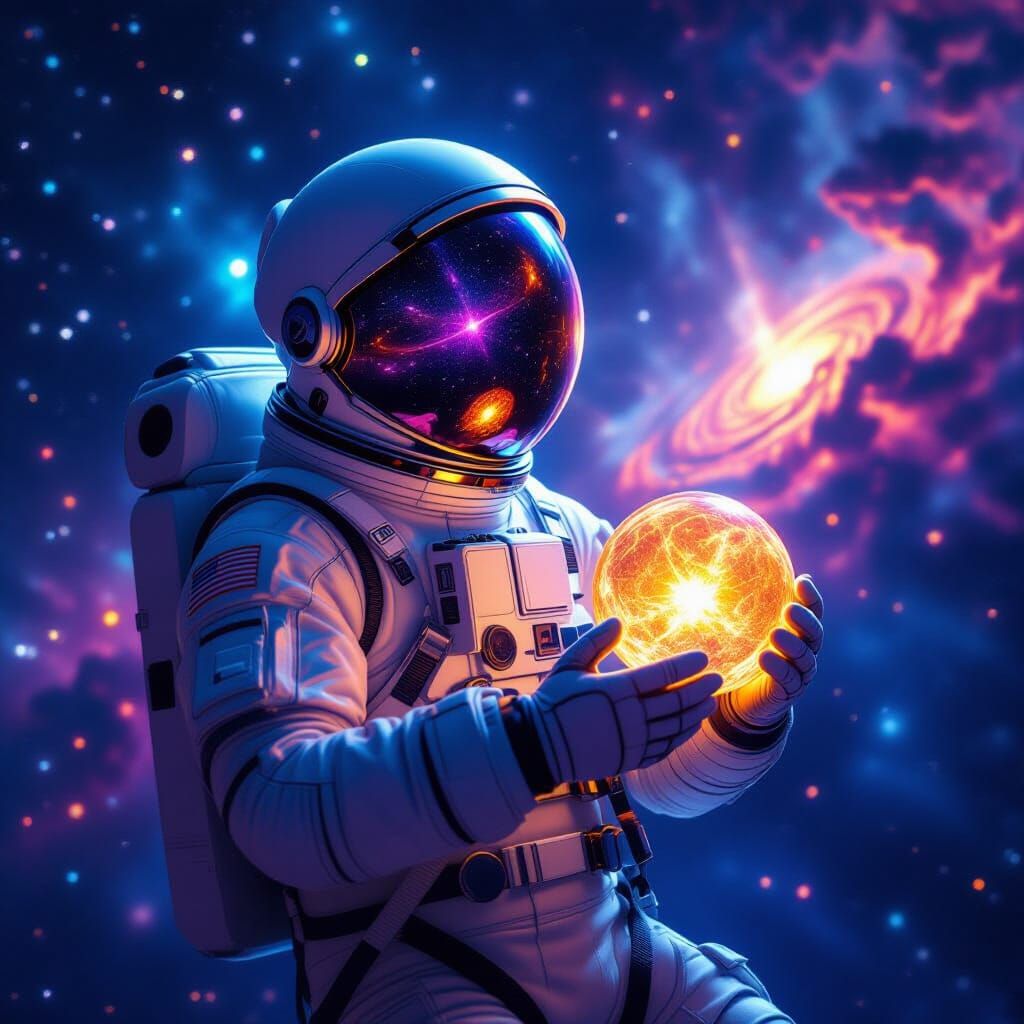 Astronaut Cradling Artifact in Starry Nebula