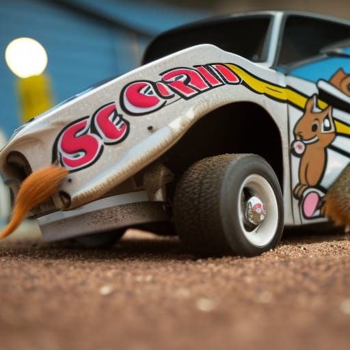Cartoon Squirrel Pit Crew at Demolition Derby