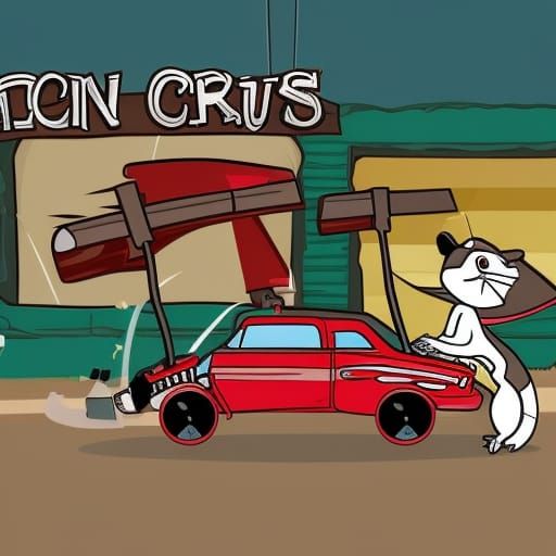 Cartoon Squirrels Pit Crew at Demolition Derby