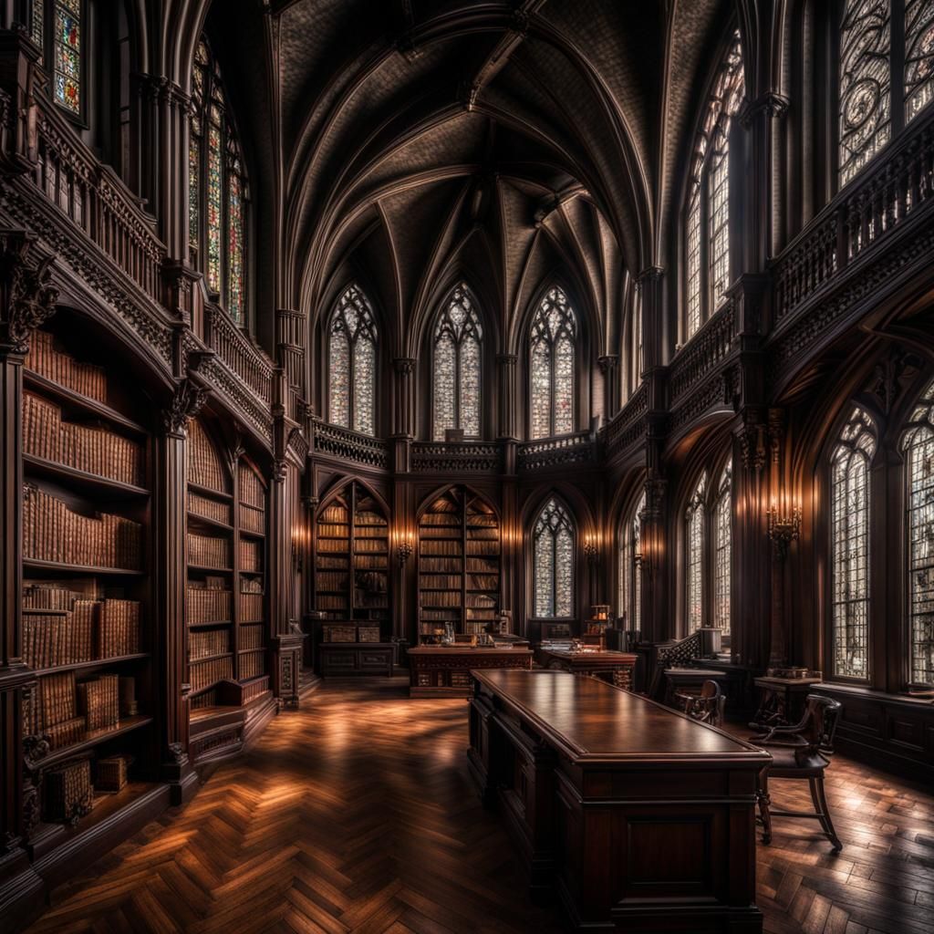 Hyperrealistic Gothic Library in HDR