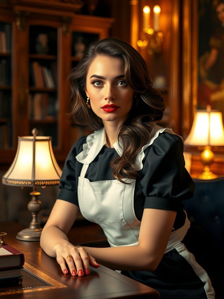 Elegant French Maid in Opulent Study, Classic Hollywood Styl...