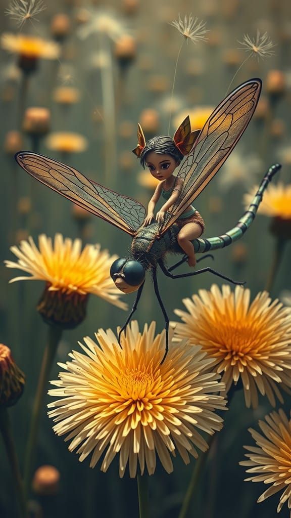 Surrealistic Scene with Dragonfly and Dandelions