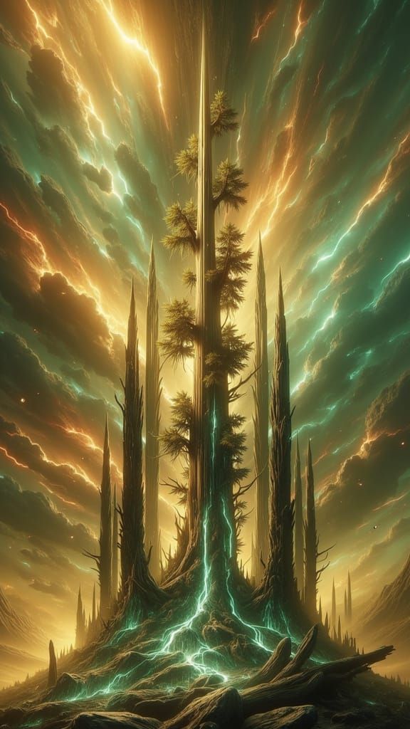 Pine Tree Merged with Golden Pylon in Digital Art Style