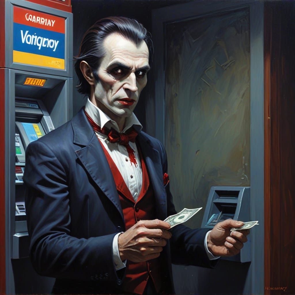 Vampire in Midnight ATM Scene, Oil Painting