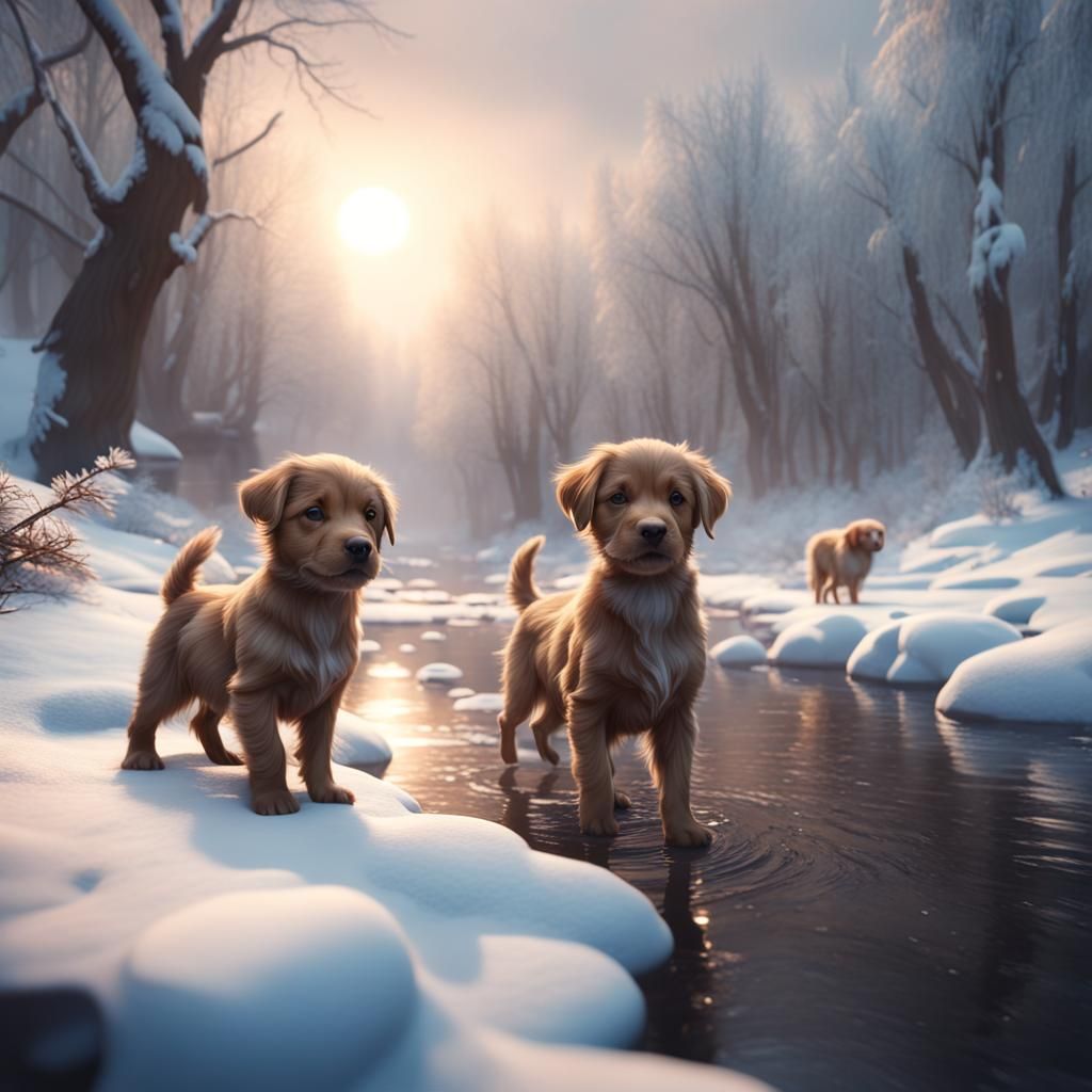 Winter Riverscape with Puppies: Detailed Matte Painting