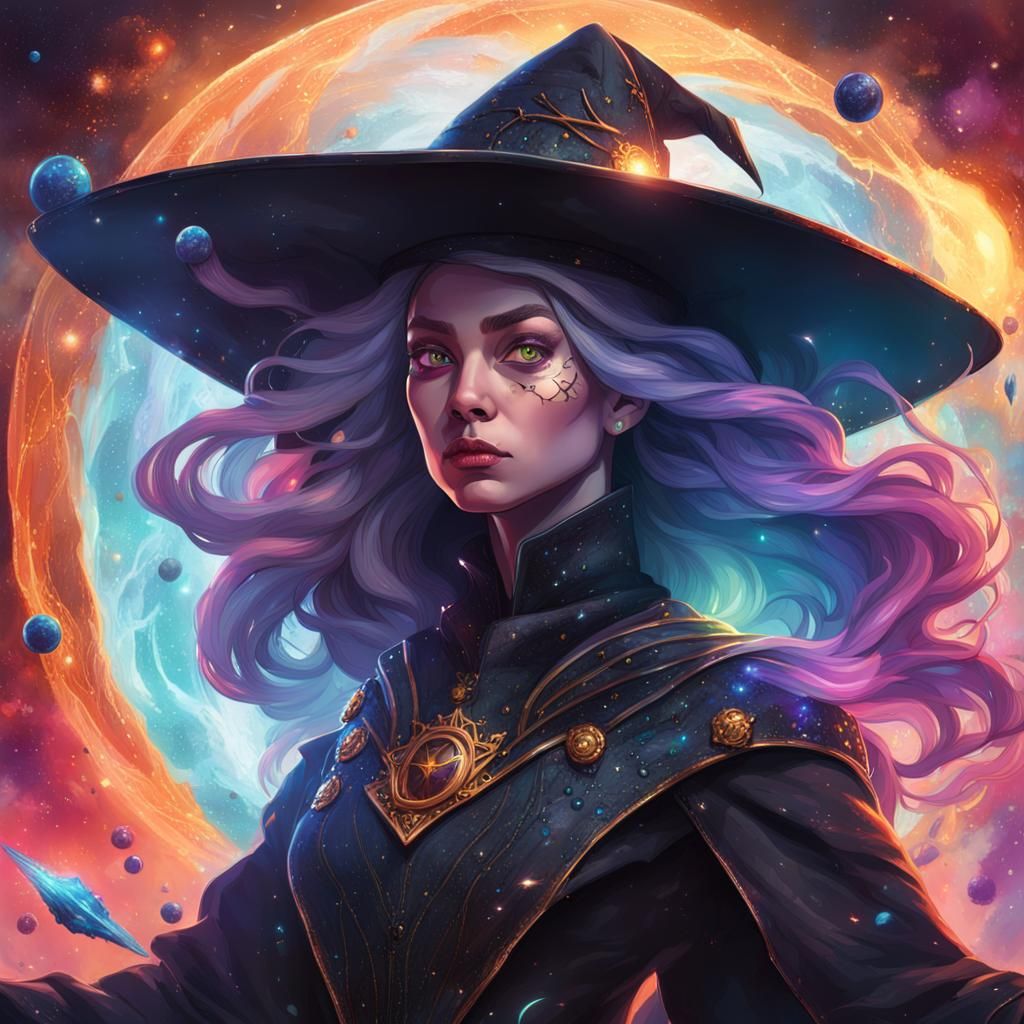 Powerful Witch Destroys Galaxy: Hyperrealistic Splash Art