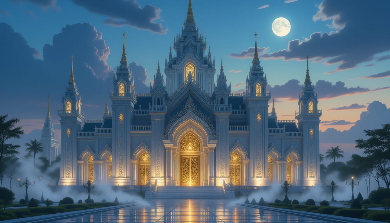Majestic Silver and Gold Temple at Twilight in Gothic Nouvea...