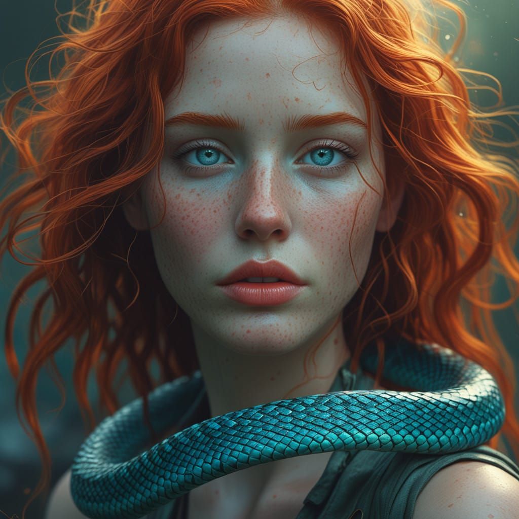 Surreal Portrait of a Woman with Vibrant Red Hair and Turquo...