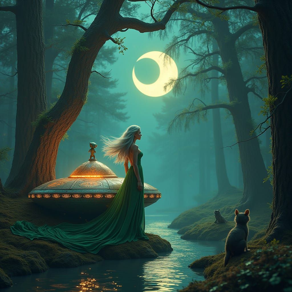 Majestic Woman Beside Luminous UFO in Moonlit Forest
