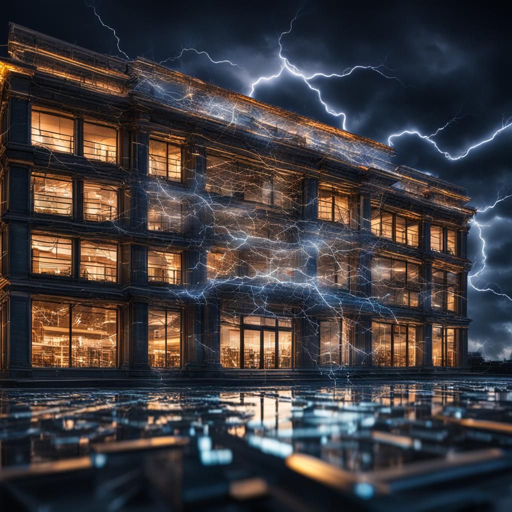 Glass Building with Lightning in Hyperrealistic Style