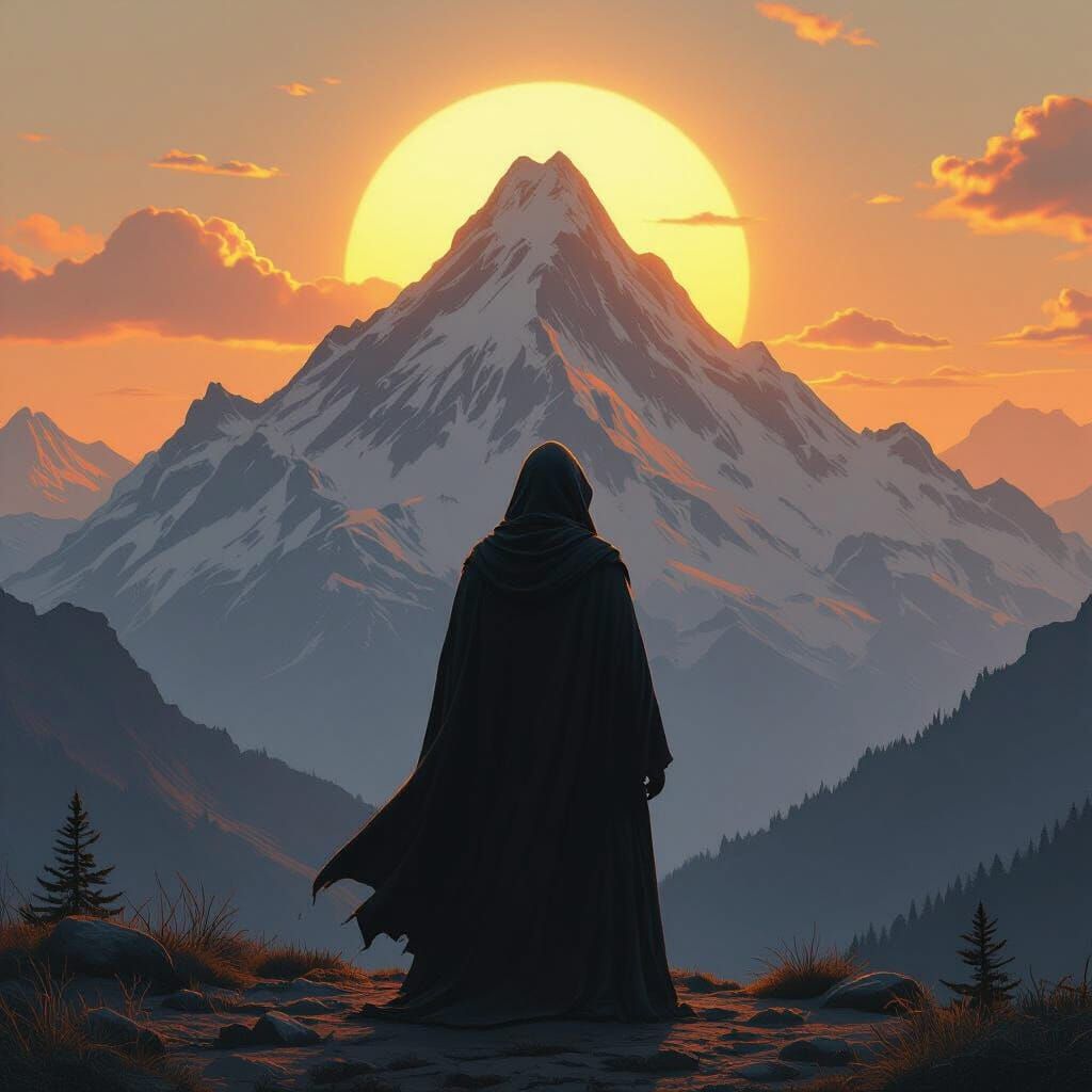 Hooded Figure at Sunrise, Atmospheric Digital Art