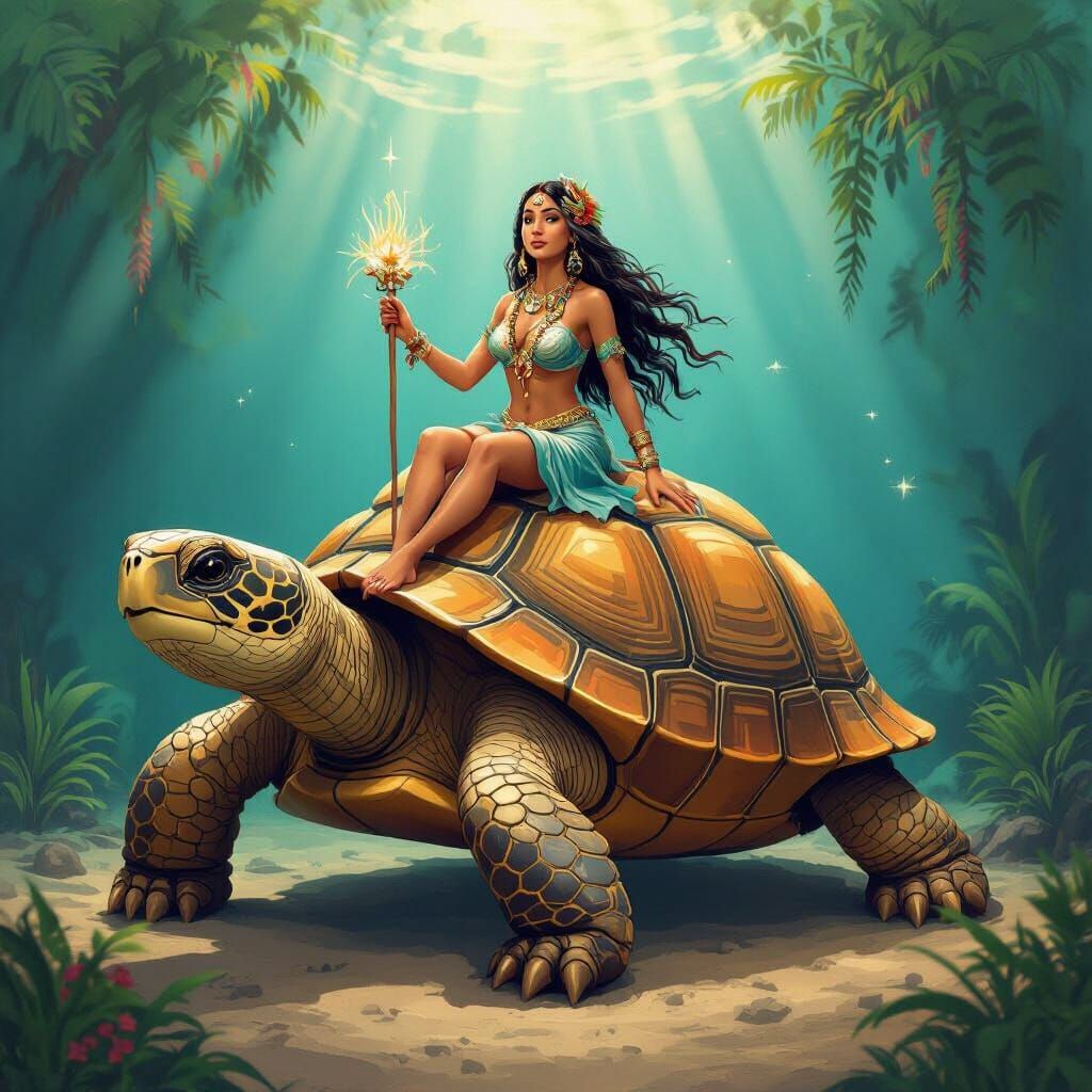 Water Queen on Giant Turtle in Pre-Columbian Style
