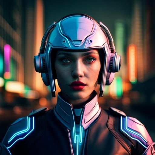 Cyborg Girl in Neon City, Detailed Matte Painting