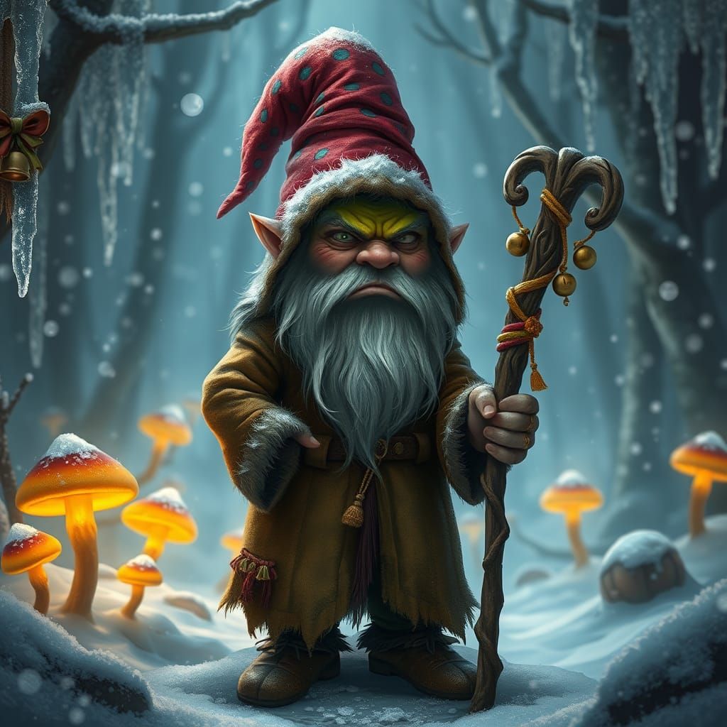 Grinch Gnome in Mystical Winter Forest