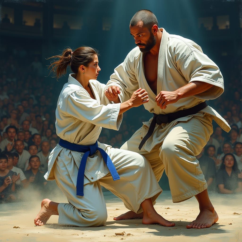 Strong Judo Woman Takes Down Larger Opponent in Intense Aren...