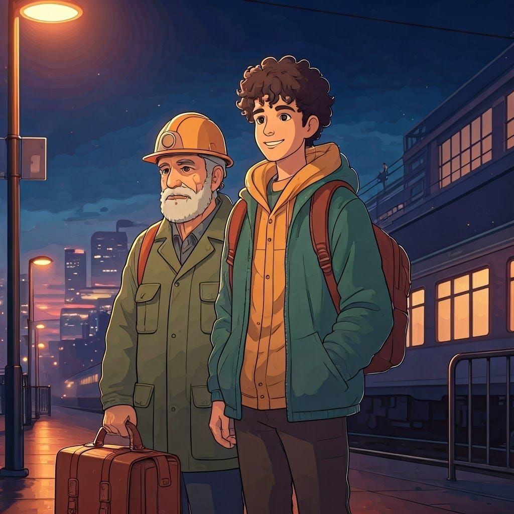 Italian Geologist and Son Await Train: Anime Style