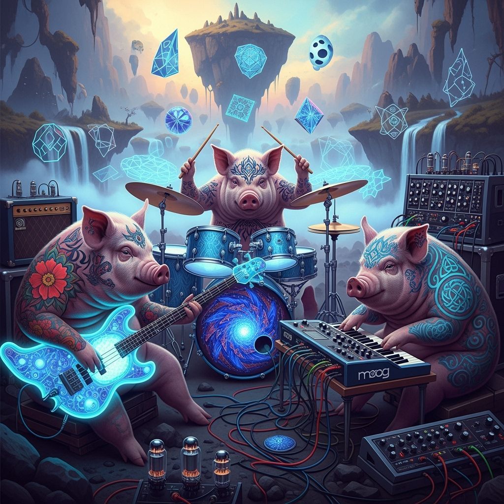 Psychedelic Prog-Rock Pig Band in Retro-Futuristic Style