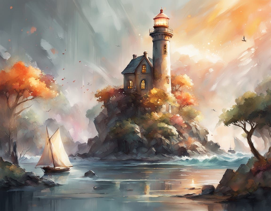 Golden Lighthouse in Bay, Haenraets Style Fantasy Art