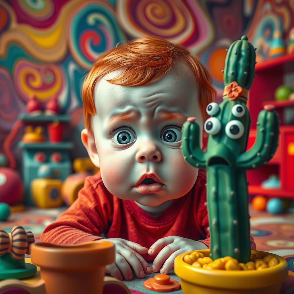 Frightened Toddler in Surreal Candyland Toy Room