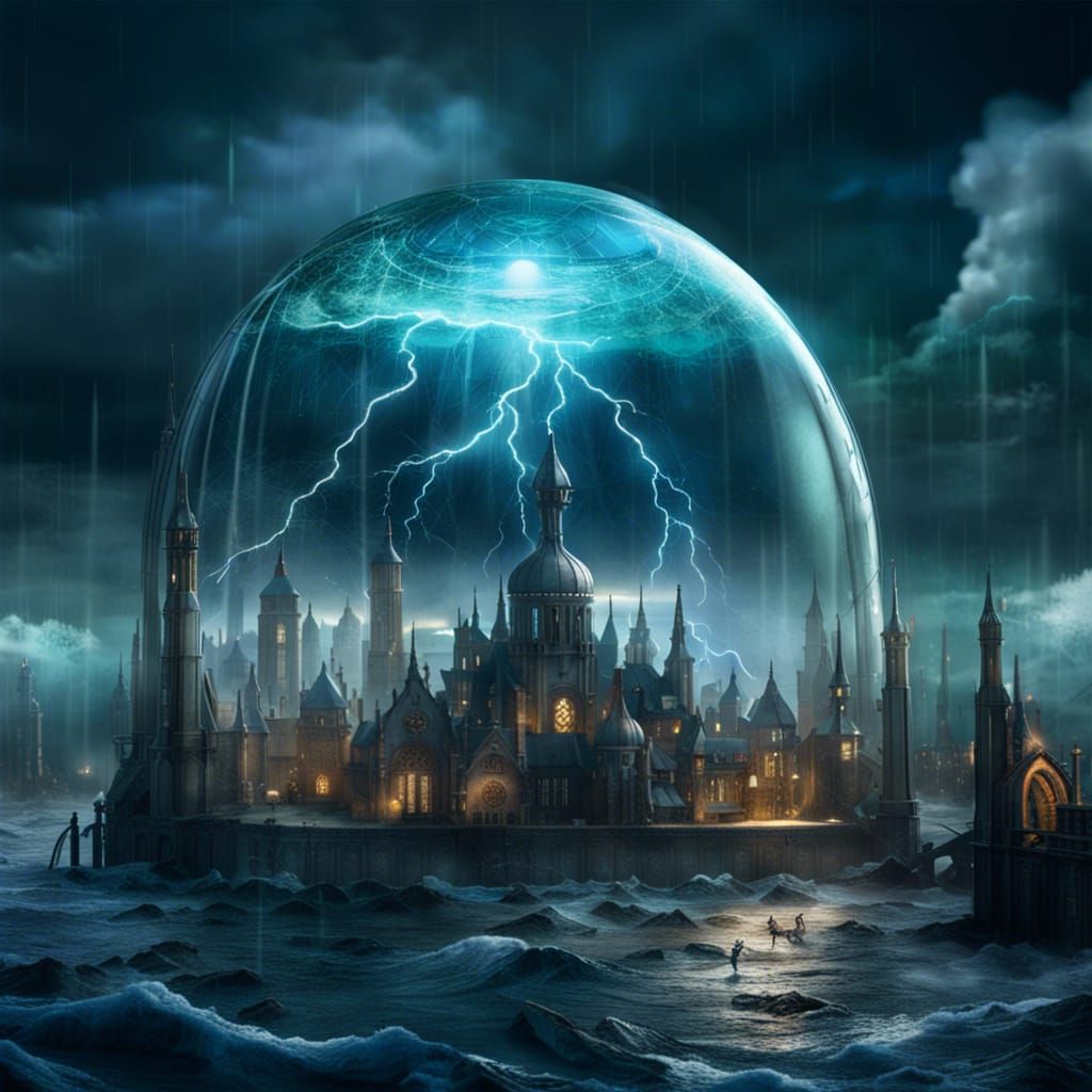 Gothic City Floating in Glass Dome