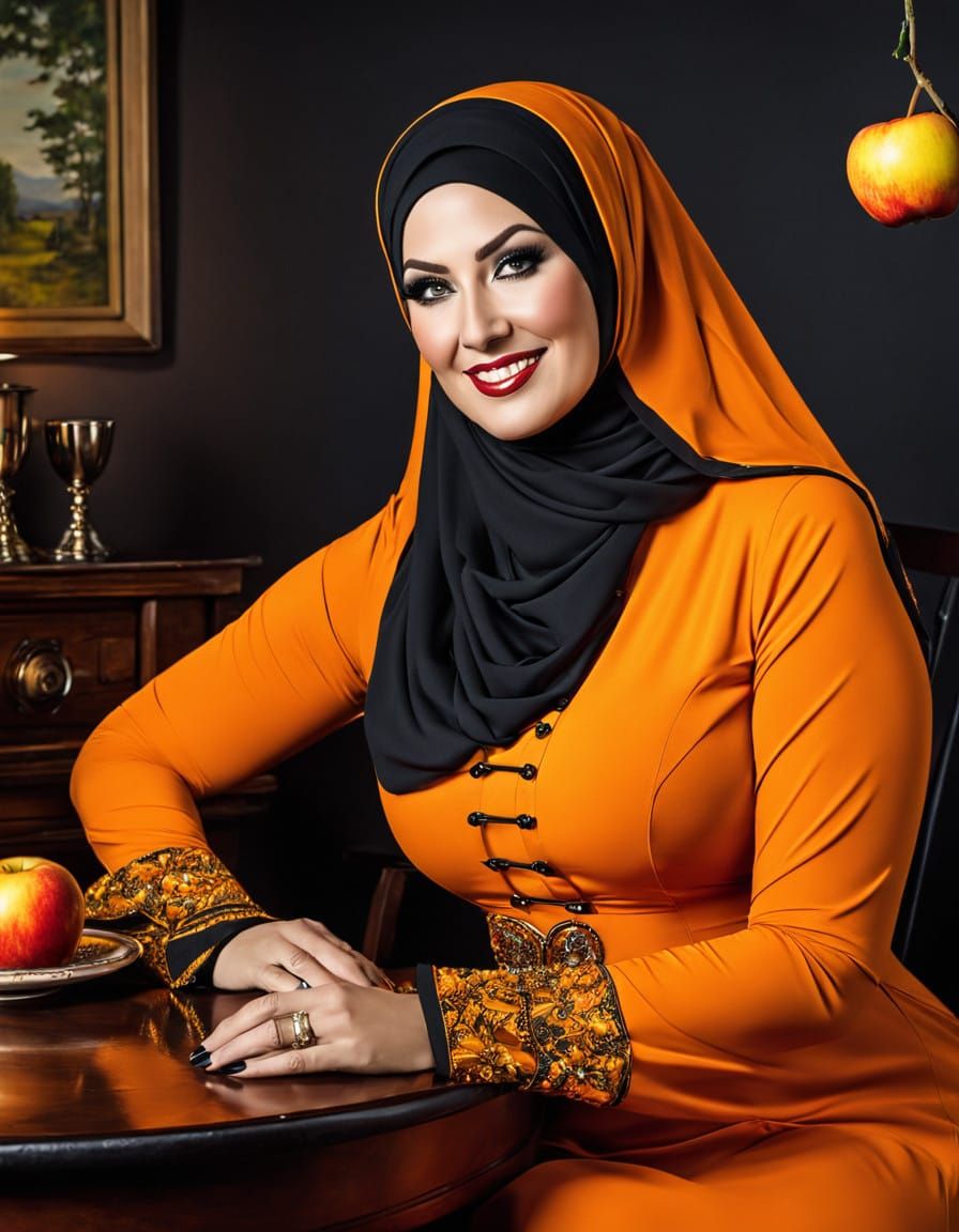 Vibrant Gothic Goddess in Orange Maxi Dress