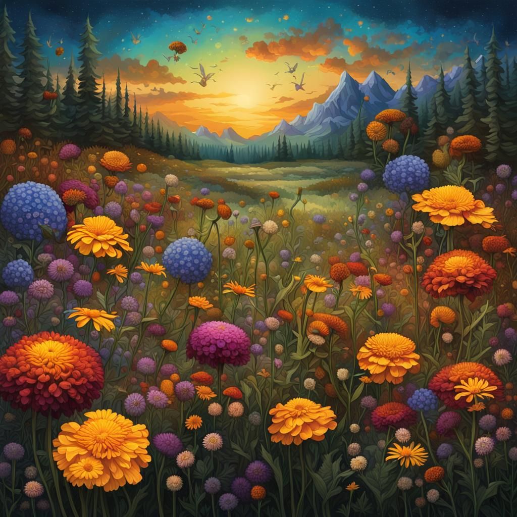 Lush Summer Meadow in Divisionism Style