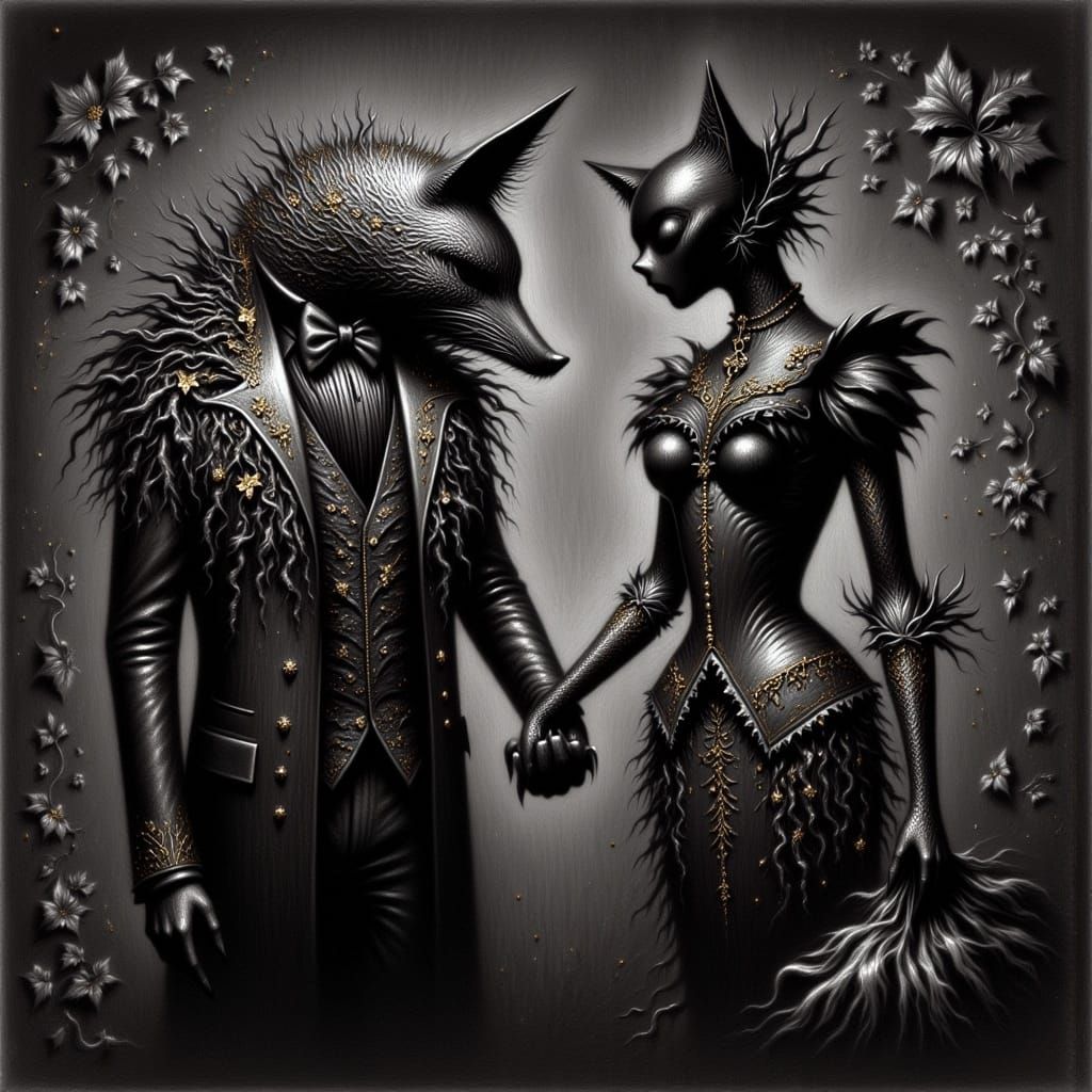 Gothic Romance: Fox and Cat Charcoal Drawing