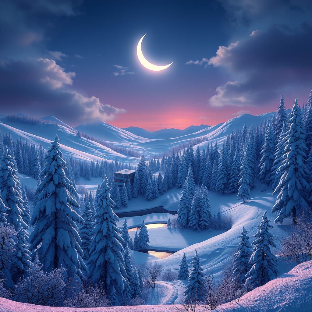 Magical Winter Wonderland Under Crescent Moonlight