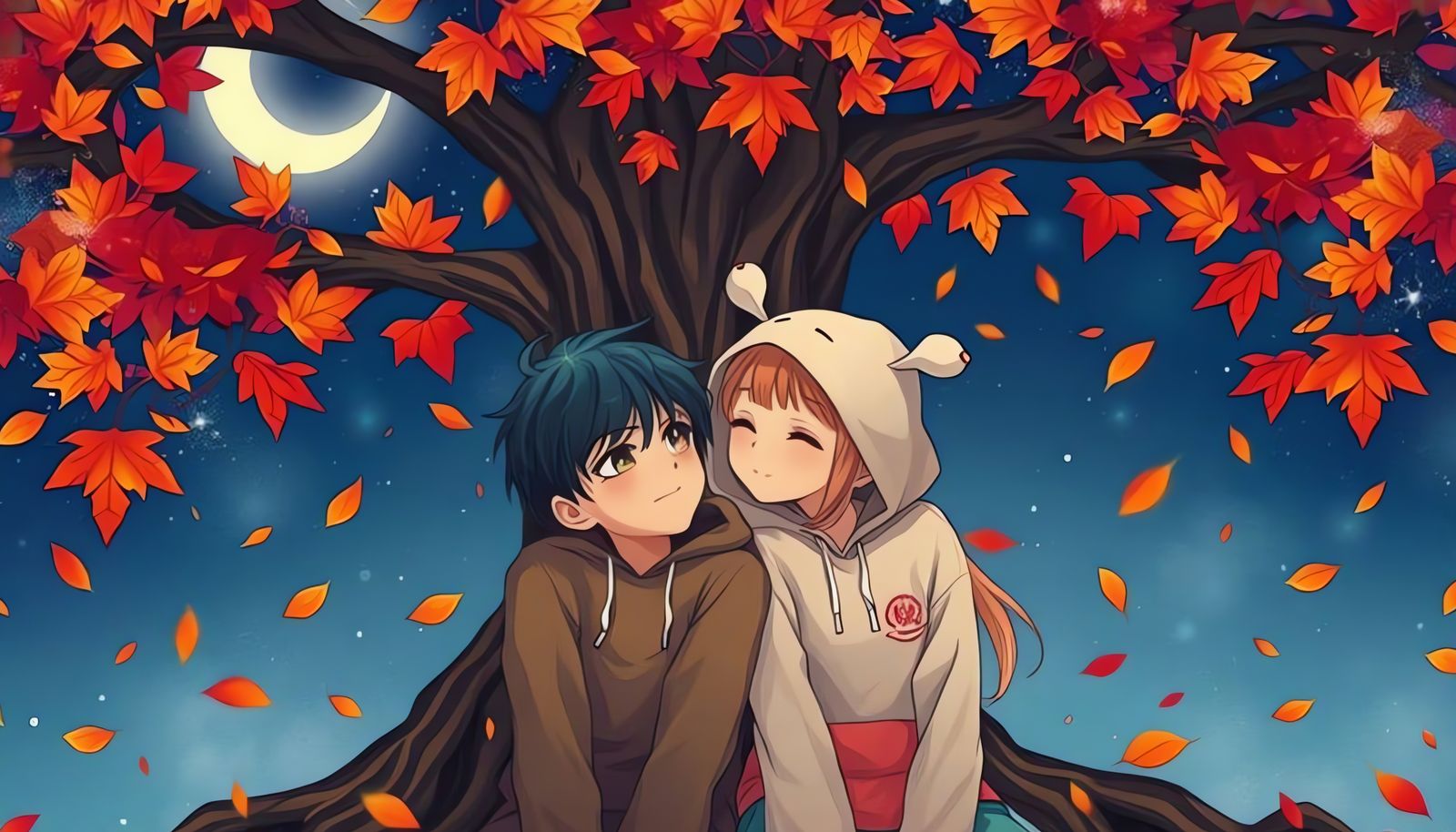 Romantic Autumn Night Scene with Couple and Fireflies