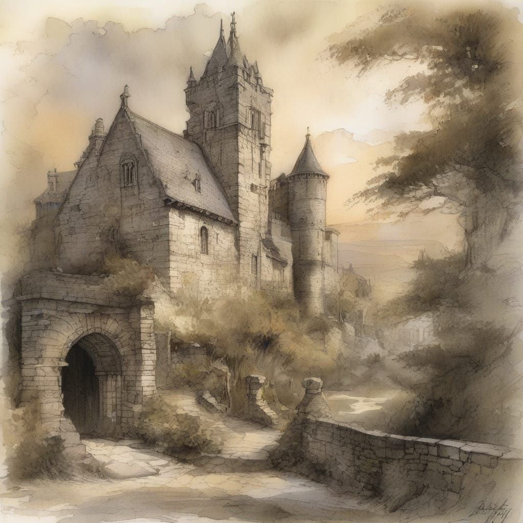 Corfe Castle in Vibrant Sunset Glow, Folk Art Style