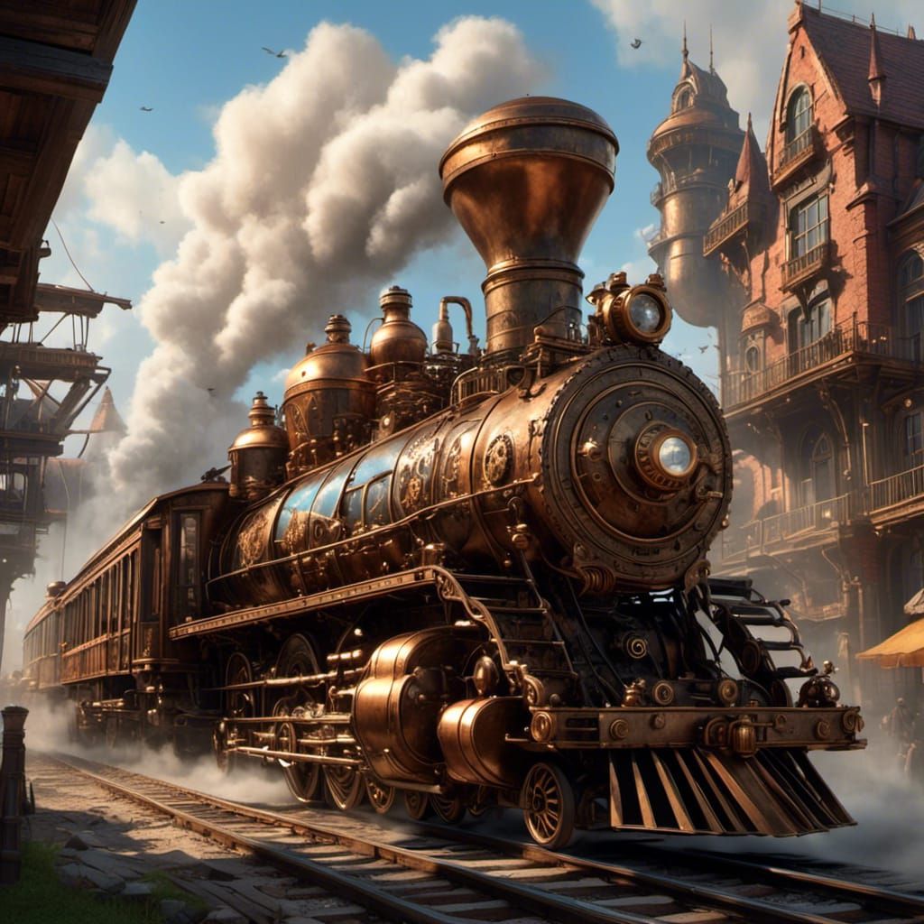Detailed Steampunk Train Matte Painting in 8K