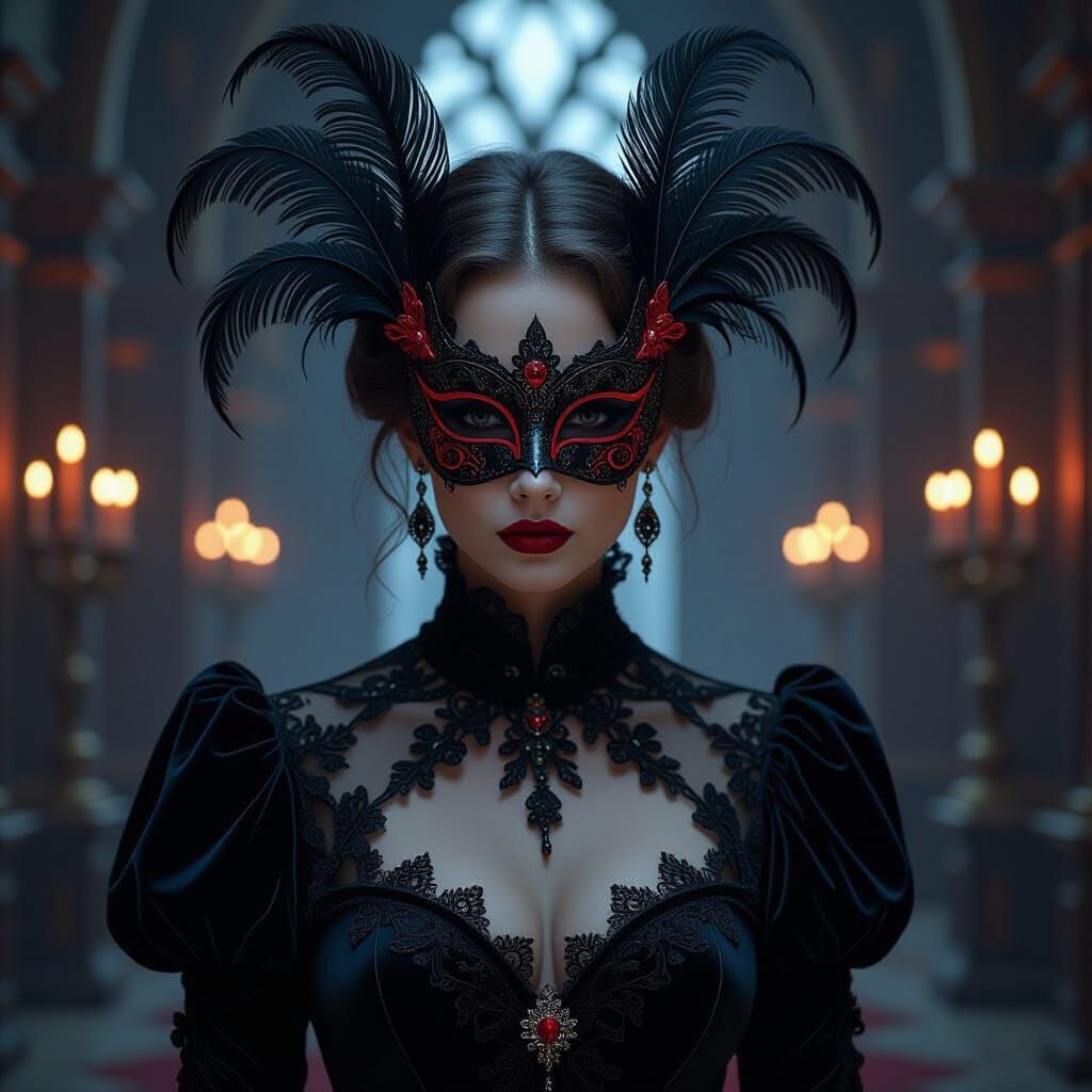 Feathered Masquerade Mask in Candlelit Gothic Hall