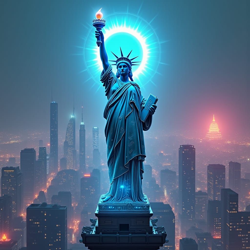 Cyberpunk Statue of Liberty in Futuristic Metropolis