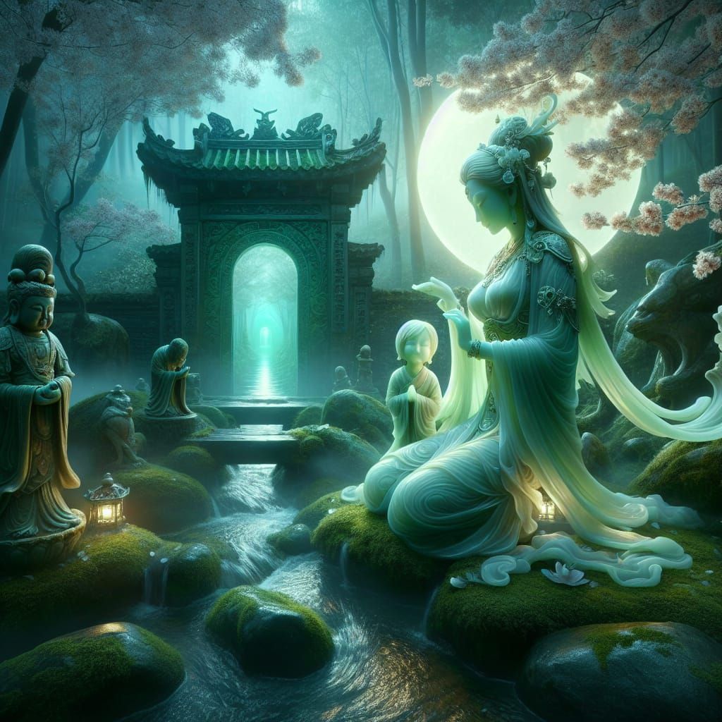 Ethereal Jade Spirit in Moonlit Garden