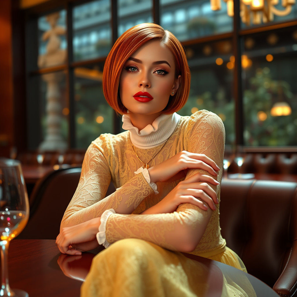 Redhead in Yellow Lace Dress, Hyper-Realistic Digital Art