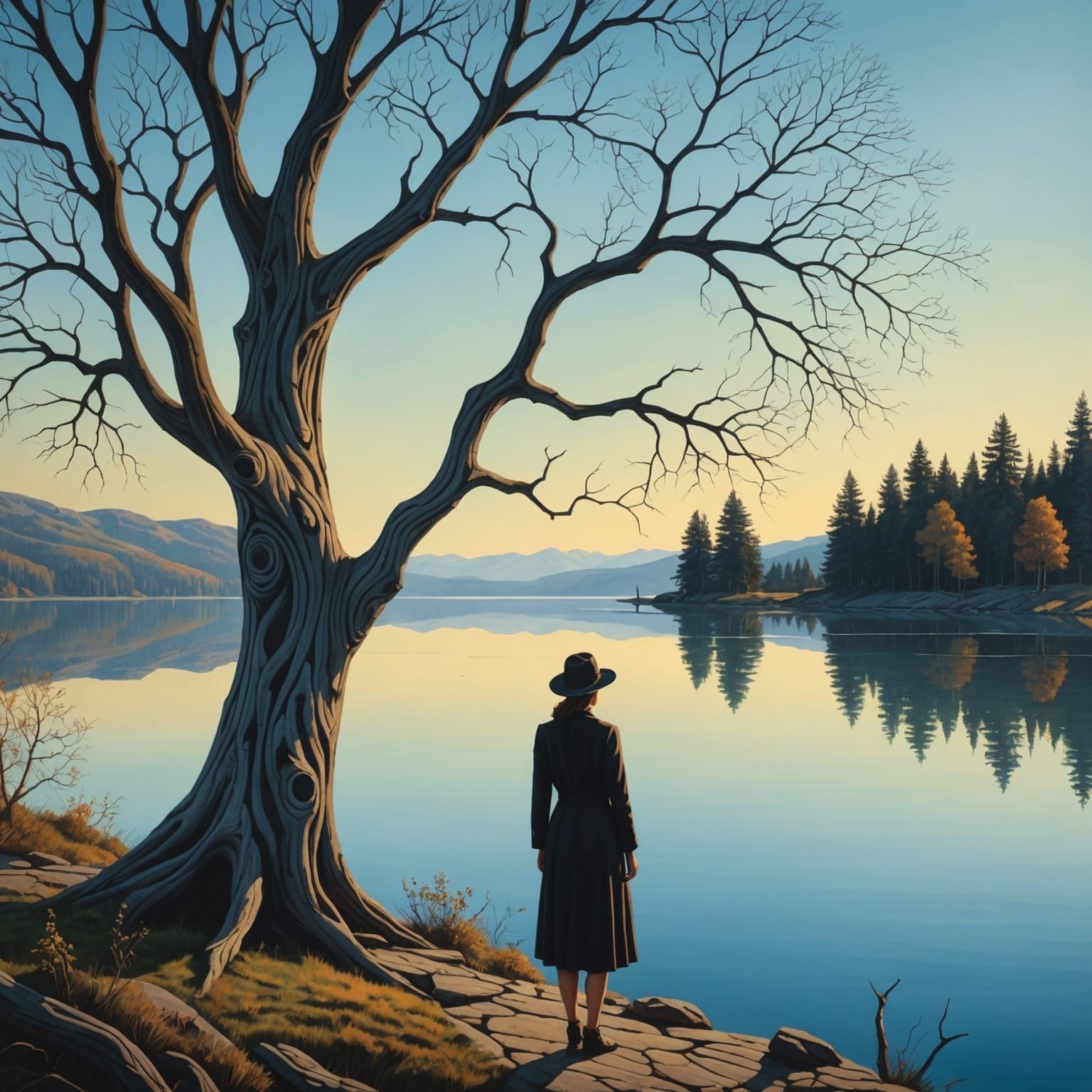 Surreal Woman Gazing at Lake Through Tree