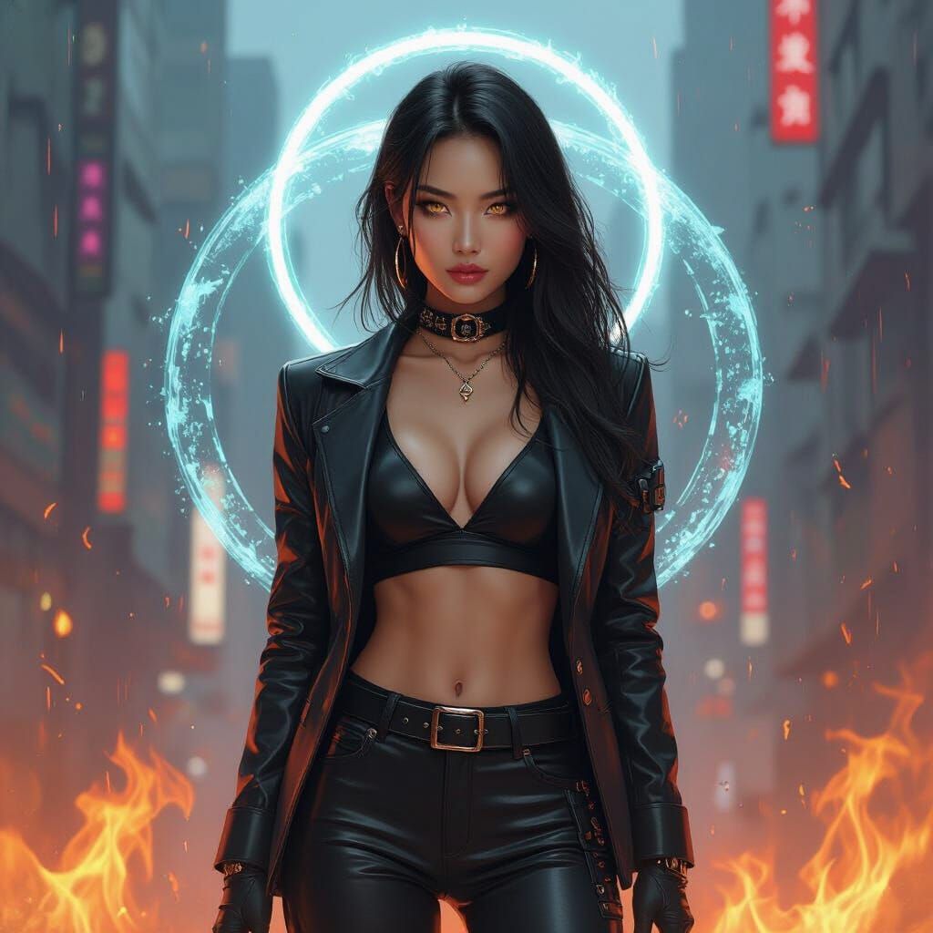 Cyberpunk Femme with Fiery City and Water Halo