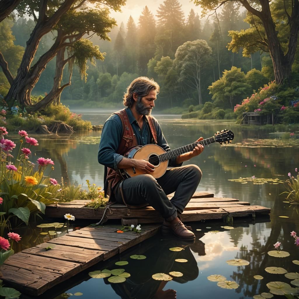 Banjo Player on Serene Lake Pier: Fantasy Realism