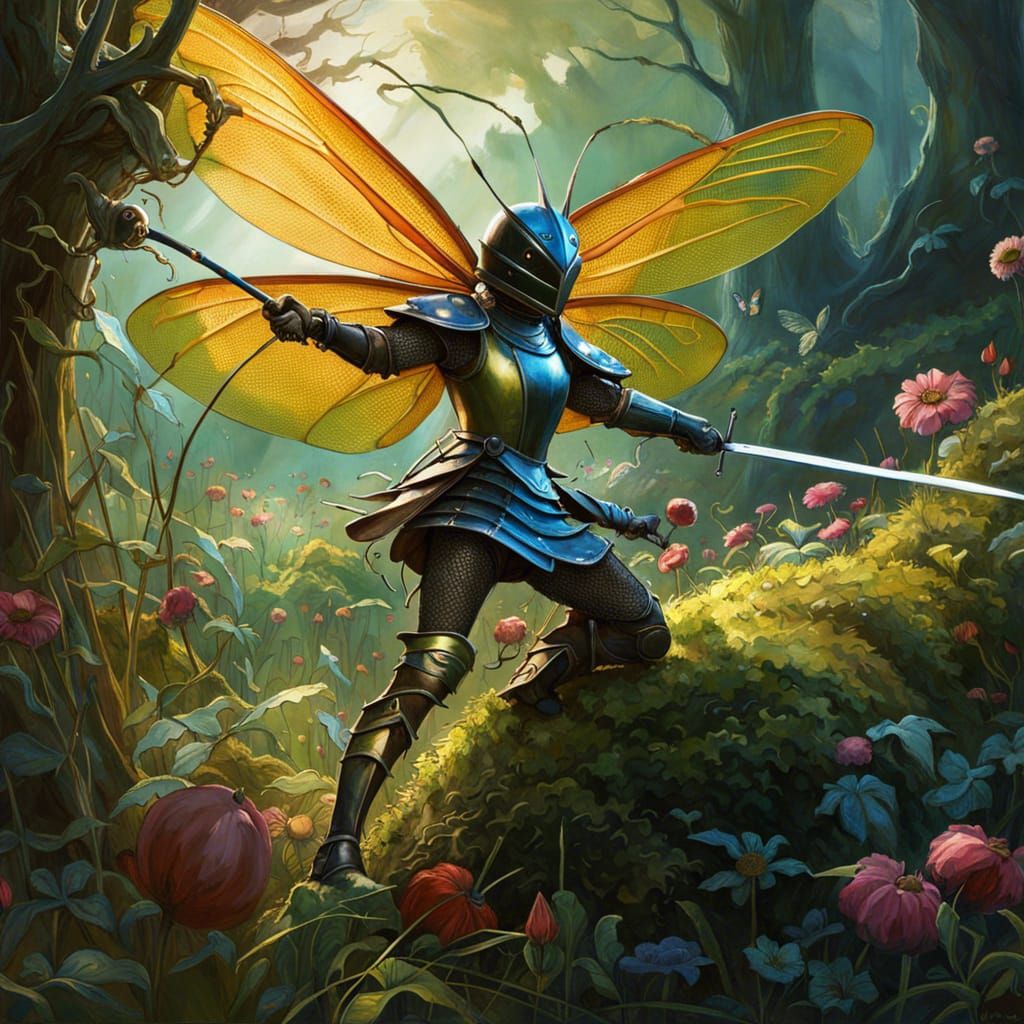 Pixie Knight Fencing Dragonfly in Fairytale Countryside