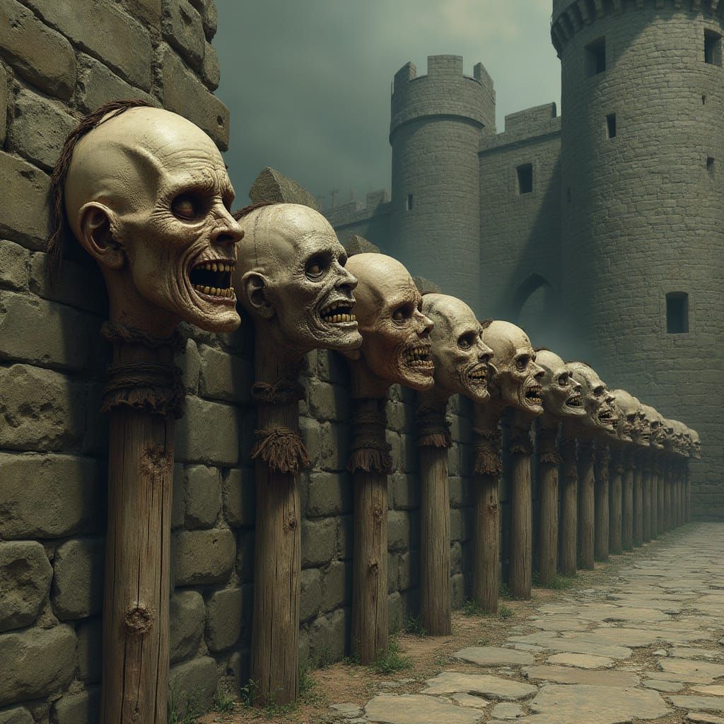 Ominous Medieval Castle Perimeter with Severed Heads