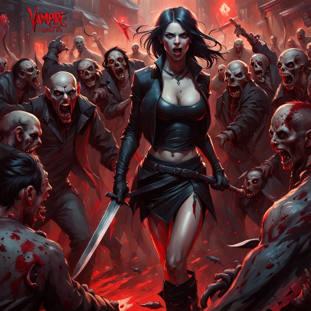 Vampire Girl Zombie Fight: Hyperdetailed Fantasy Art