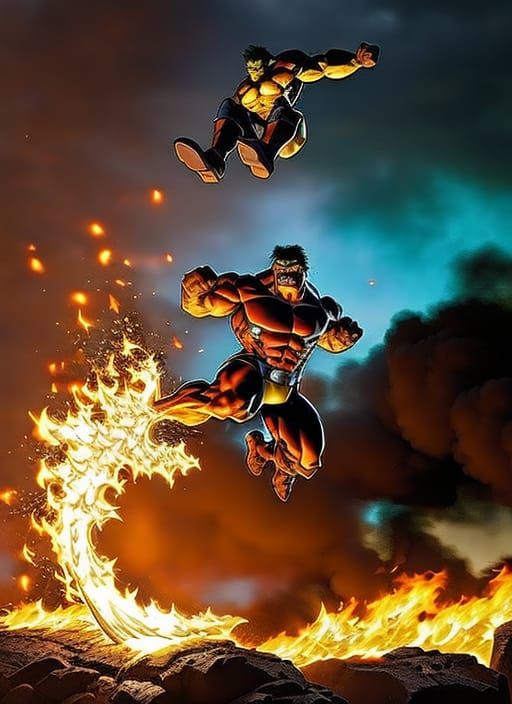 Fiery Hulk Leap in Comic Book Style