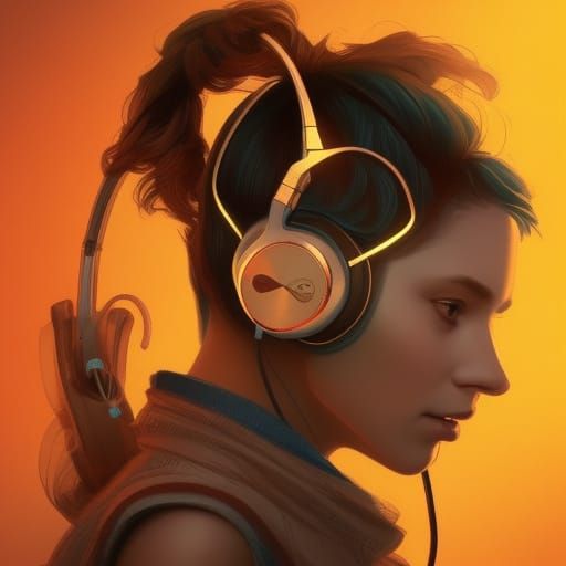 Cat Listens with Headphones: Detailed Art Portrait