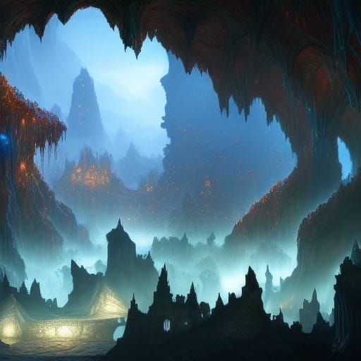Fantasy Cavern Underground in Detailed Matte Painting Style