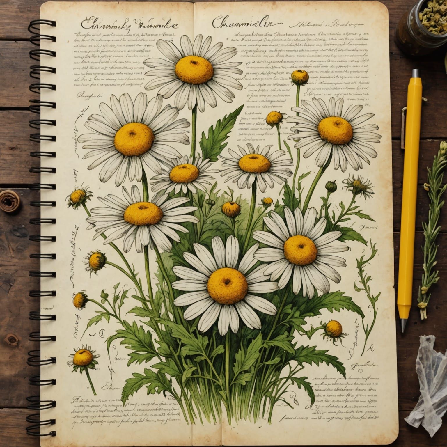 Chamomile as Witch's Familiar: Detailed Ink Illustration