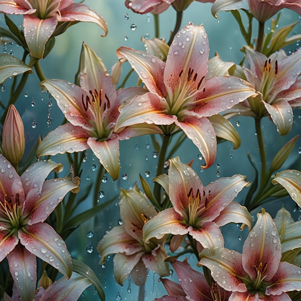 Dew Drops on Lily: Macro Shot in Art Brut Style