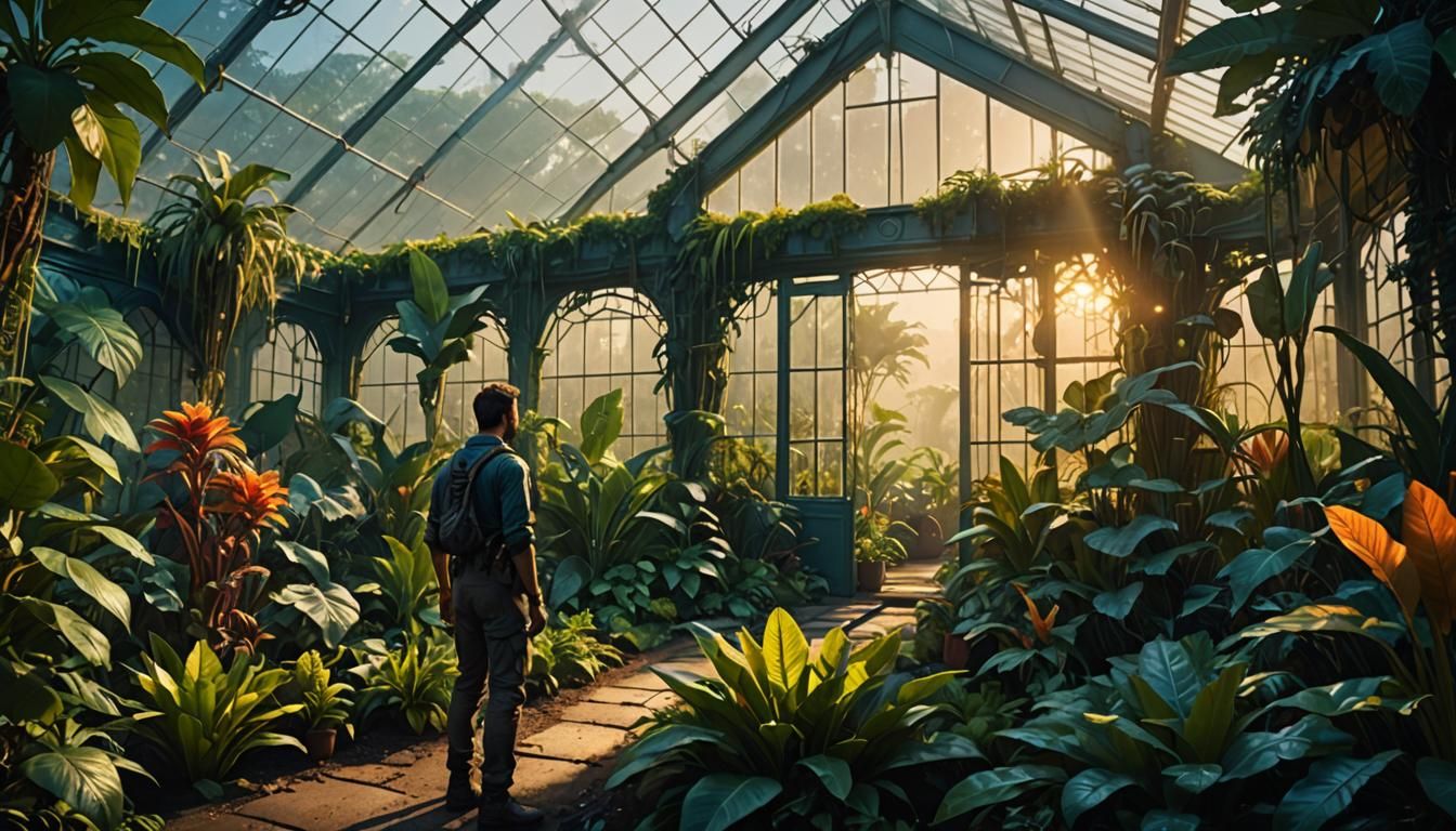 Fantasy Greenhouse Landscape with Adventurer Silhouette