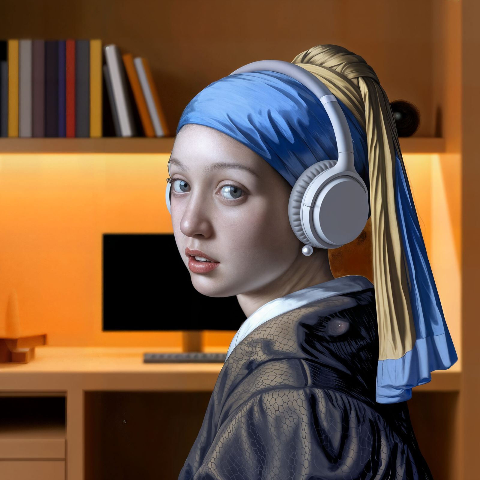 The Girl in Golden Light with Pearl Headphones