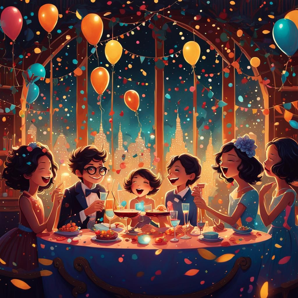 New Year Celebration in Children's Book Illustration Style